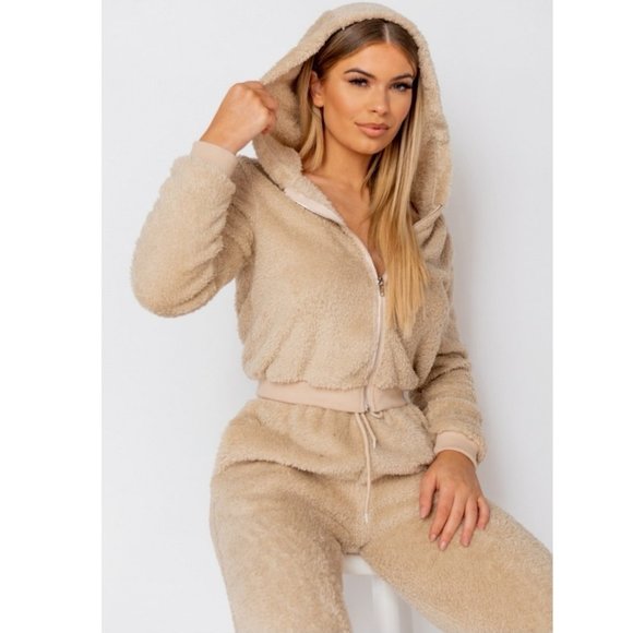 Beige Teddy Bear Fur Long Sleeve Hooded Crop Top and Jogger Pants  Two Piece Set - Picture 3 of 11